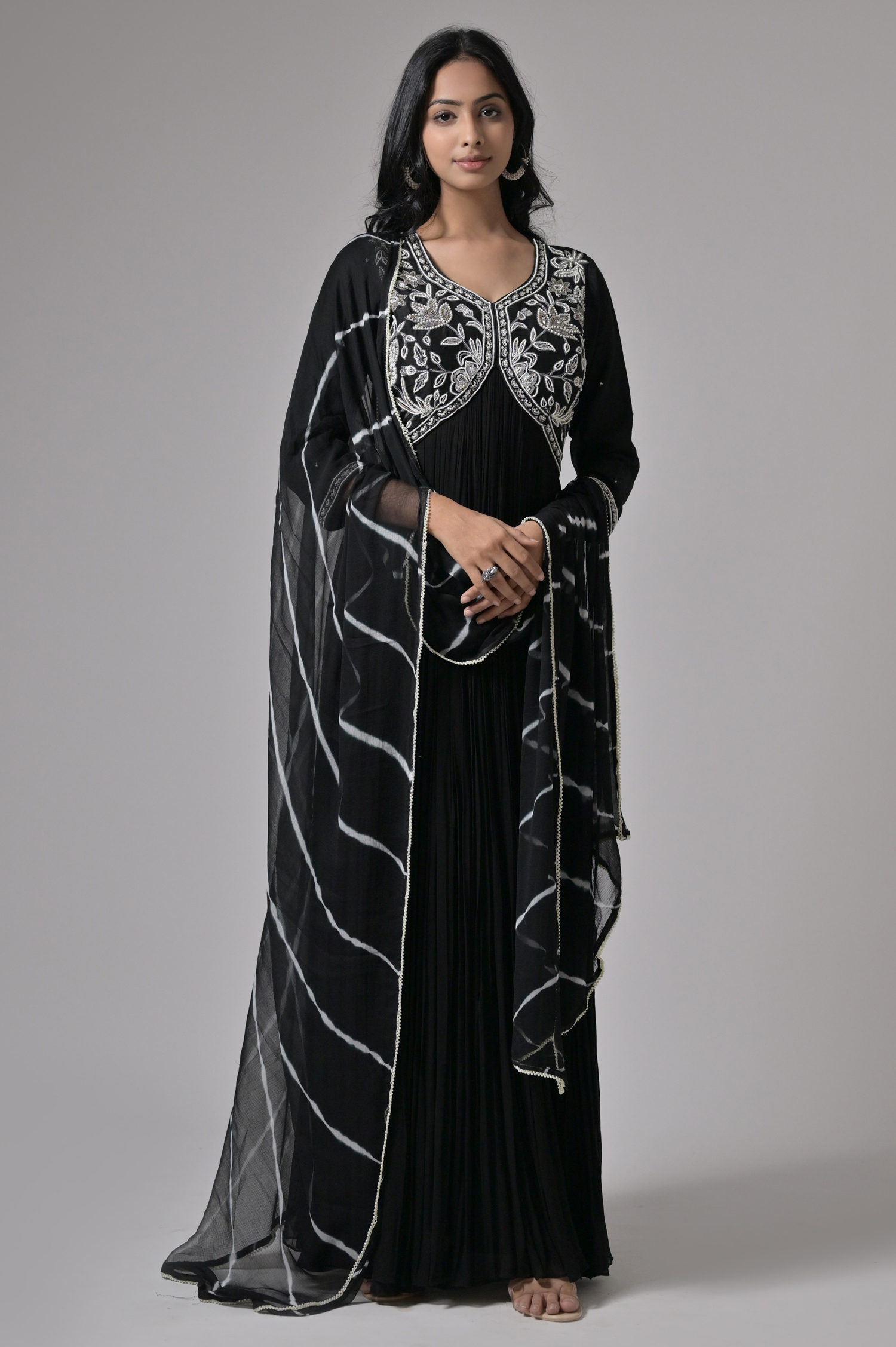 Georgette Black Hand Embroidered Gown with Dupatta